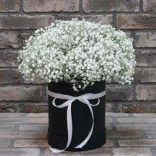 Цветочная композиция из Гипсофила в шляпной коробке в Чиверево